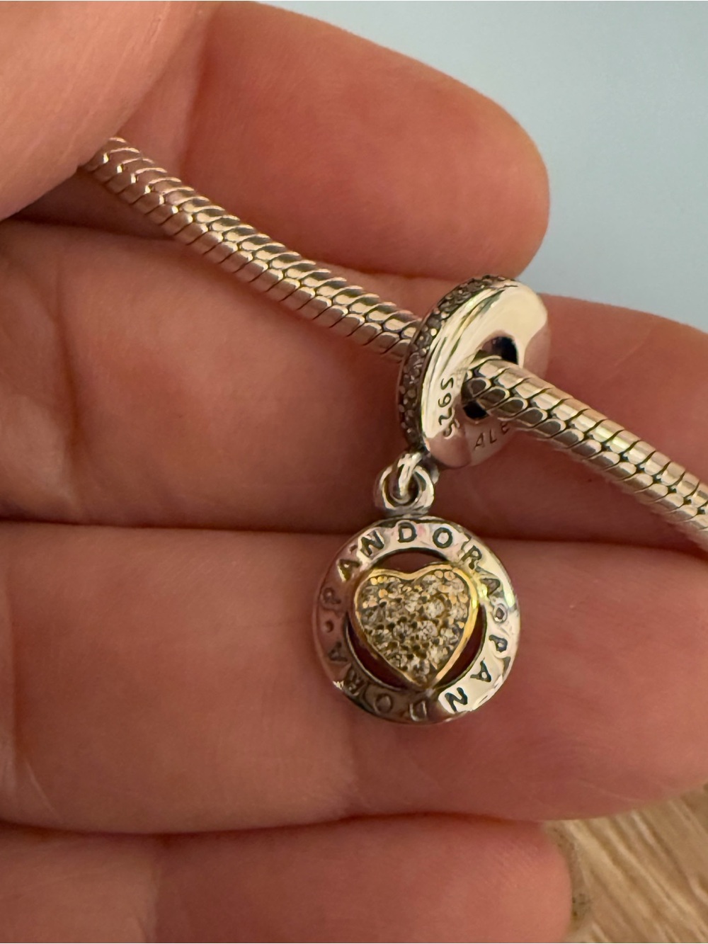 Pandora Two-Tone Heart Dangle Charm in Silver and Gold - Picture 2 of 11